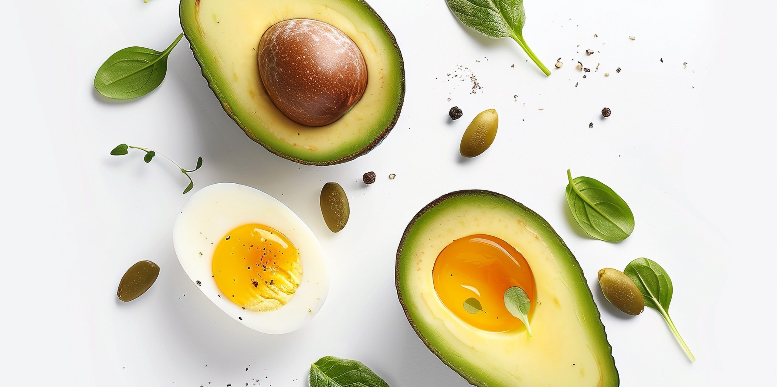 weight loss meal plan with avocado and eggs on white background